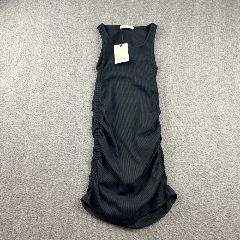 Pull&Bear Black Women's‎ S Ribbed Ruched Side Sleeveless Mini Dress 3394/315/800